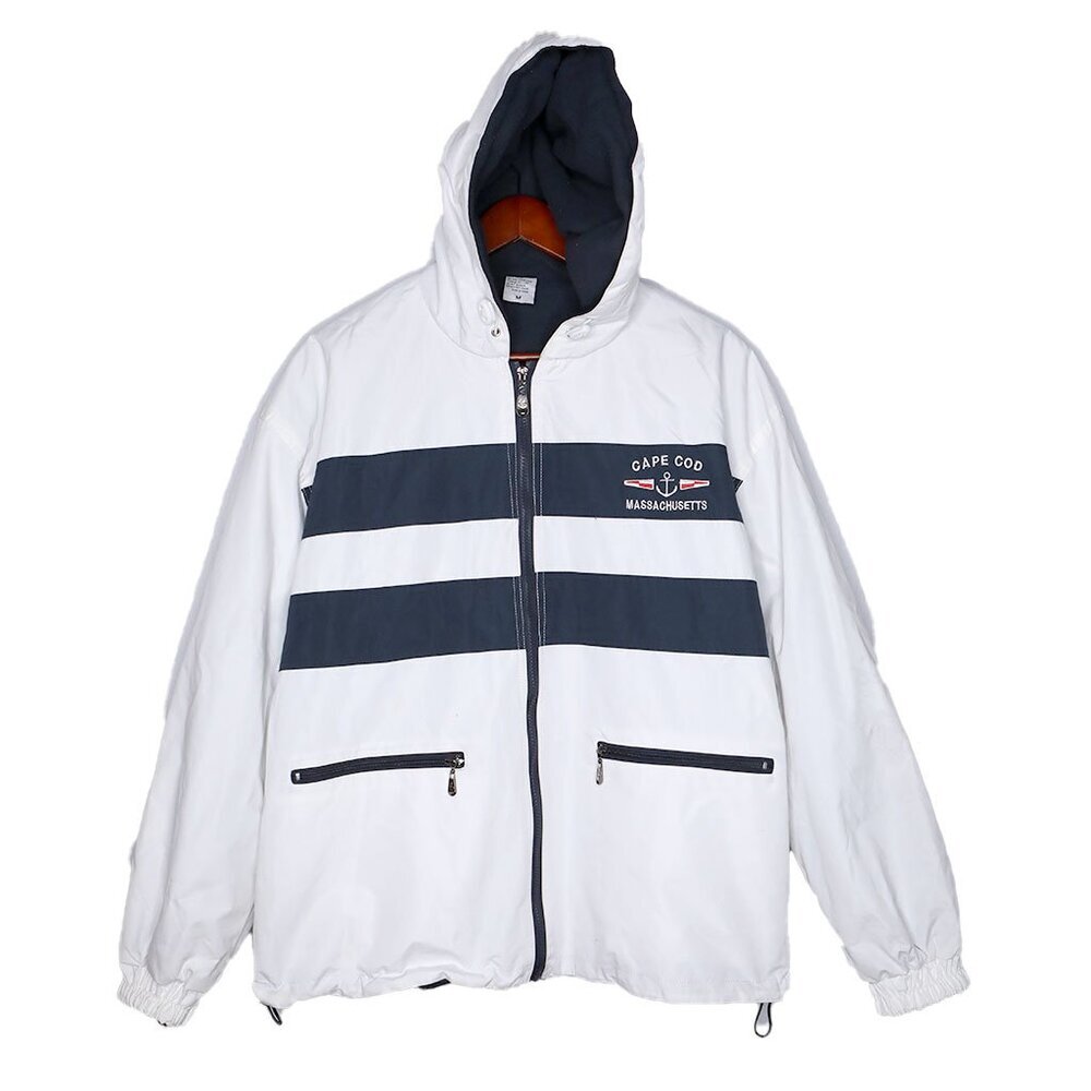Cape Cod Massachusetts Hooded Jacket  White Navy Blue Fleece Lined Nautical